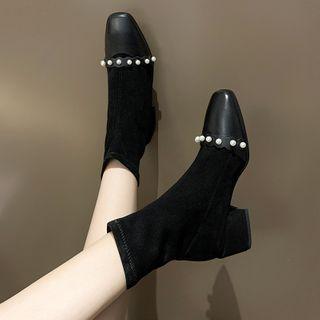 Beaded Block Heel Short Boots