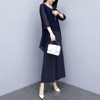 Set: Mock Two-piece 3/4-sleeve Chiffon Top + Striped Wide Leg Pants