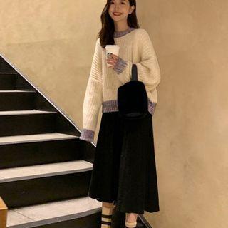 Contrast-trim Sweater / Midi A-line Skirt / Set