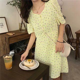 Print V-neck Puff-sleeve Dress As Figure - One Size