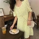 Print V-neck Puff-sleeve Dress As Figure - One Size