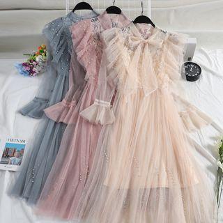 Beaded Ruffle-trim Lace Panel Midi Mesh Dress