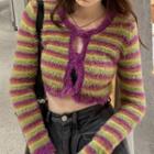 Striped Cropped Cardigan Purple & Green & Yellow - One Size