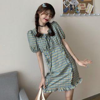 Puff-sleeve Plaid Ruffle Trim Drawstring Dress As Shown In Figure - One Size