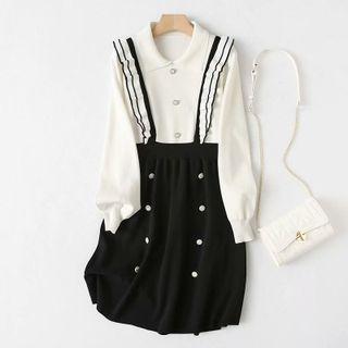 Ruffle Trim Mock Two-piece Midi A-line Dress Black & White - One Size