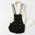 Ruffle Trim Mock Two-piece Midi A-line Dress Black & White - One Size