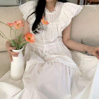 Cap-sleeve Ruffled Midi A-line Dress White - One Size