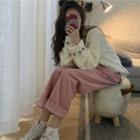 Plain Crewneck Ball Accent Cable Knit Sweater/ Plain Corduroy Wide-leg Pants