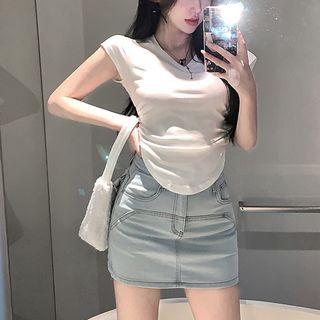 Asymmetrical Skinny Crop T-shirt / High-waist Denim Skort