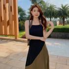 Halter-neck Two-tone Lace Up Midi A-line Dress