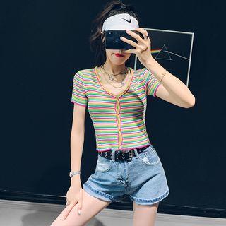 Rainbow-stripe Button-down Knit Top