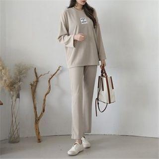 Set: Round-neck Ribbed Top + Band-waist Boot-cut Pants