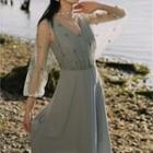 3/4-sleeve Embroidered Midi A-line Chiffon Dress