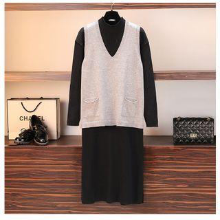 Set: Ribbed Knit Dress + Knit Vest Vest - Gray - One Size / Dress - Black - One Size