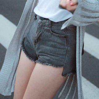 Fringe-hem Dip-back Denim Shorts