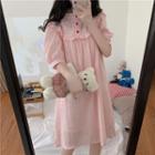 Ruffled Elbow-sleeve Sleep Dress Pink - One Size