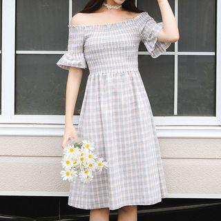 Off Shoulder Short-sleeve A-line Dress As Shown In Figure - One Size