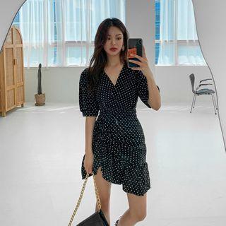 Frilled-hem Drawstring Dotted Wrap Dress