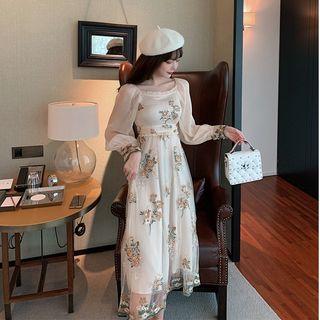 Flower Embroidered Long-sleeve A-line Midi Mesh Dress