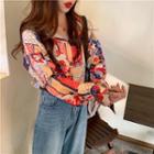 Flower Printed Long-sleeve Loose-fit Shirt As Figure - One Size