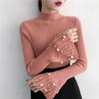 Mock Turtleneck Faux Pearl Long-sleeve Rib-knit Top