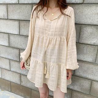 Tasseled Tiered Mini Dress Light Beige - One Size