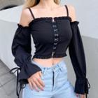 Cold-shoulder Ruffled Long-sleeve Cropped Top