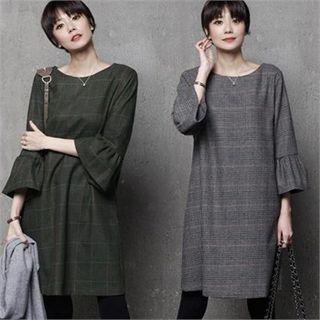 3/4-sleeve Frilled-cuff Glen-plaid Dress