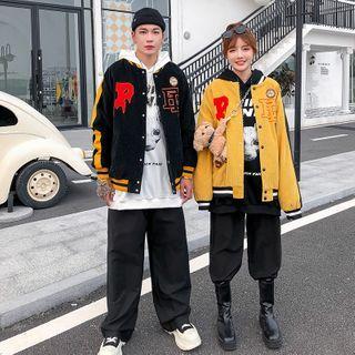 Contrast Stripe Lettering Button Baseball Jacket