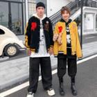 Contrast Stripe Lettering Button Baseball Jacket