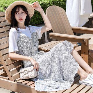 Mock Two-piece Short-sleeve Floral Paneled A-line Midi Dress