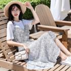 Mock Two-piece Short-sleeve Floral Paneled A-line Midi Dress