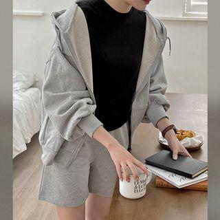 Set: Drop-shoulder Zip-up Hoodie + Sweatshorts