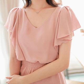Smocked-waist Frill-trim Midi Dress