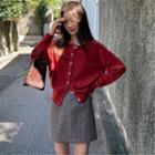 Long-sleeve Plain Cardigan / High-waist A-line Skirt