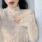 Mock-neck Lace Long-sleeve Top As Shown In Figure - One Size
