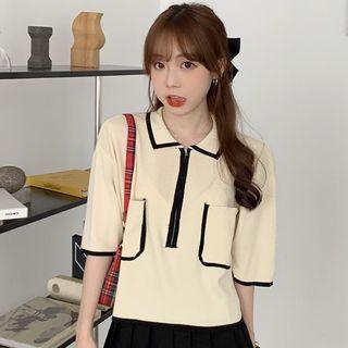 Short-sleeve Contrast Trim Half-zip Knit Top