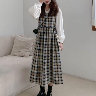 Sleeveless Plaid Midi Dress / Plain Shirt