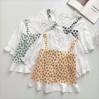 Short-sleeve V-neck Ruffle-trim Floral Blouse