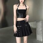 Halter Cropped Camisole Top / Pleated Mini A-line Skirt / Set