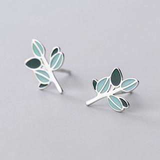Leaf Stud Earring S925 - 1 Pr - Green & Silver - One Size