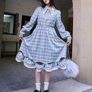 Floral Embroidered Ruffled Plaid Midi A-line Shirtdress