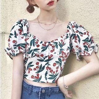 Cherry Print Square-neck Blouse White - One Size