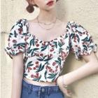 Cherry Print Square-neck Blouse White - One Size