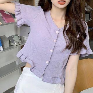 Buttoned Ruffled Short-sleeve Cropped T-shirt