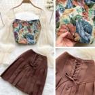 Set: Long-sleeve Floral Top + High-waist Pleated Skirt