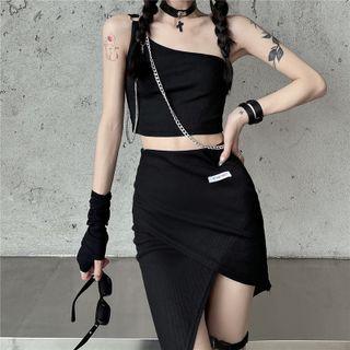 Set: One-shoulder Crop Tank Top + Asymmetrical Mini Pencil Skirt