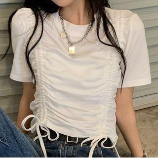 Short-sleeve Ruched Front Plain Crop Top