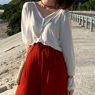 V-neck Plain Long-sleeve Knit Top
