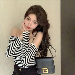 Striped Off-shoulder Long-sleeve Cropped Knit Top As Shown In Figure - One Size
